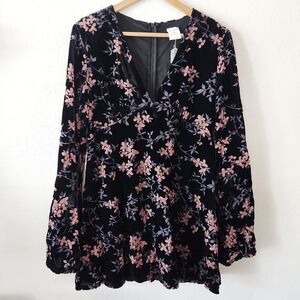 By Together Floral Embroidered Black Velvet Babydoll Dress Bell Sleeves Boho L